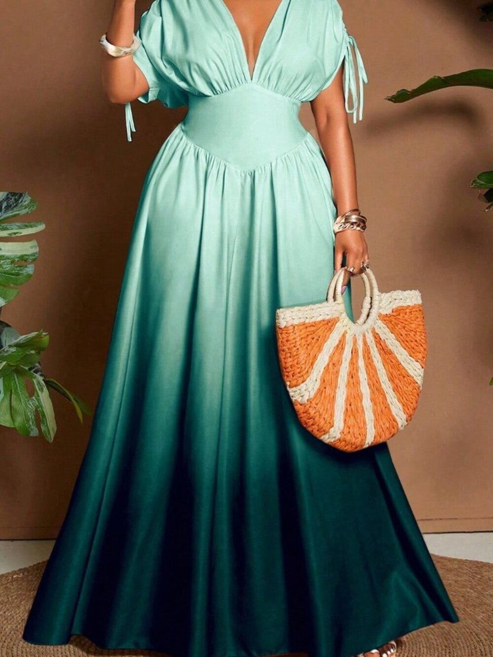 Multicolor Casual Women's Ombre V-Neck A-Line Maxi Dress